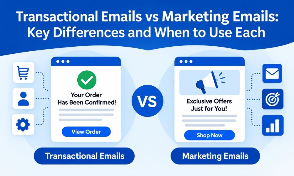 Transactional vs marketing emails comparison showing key differences and uses